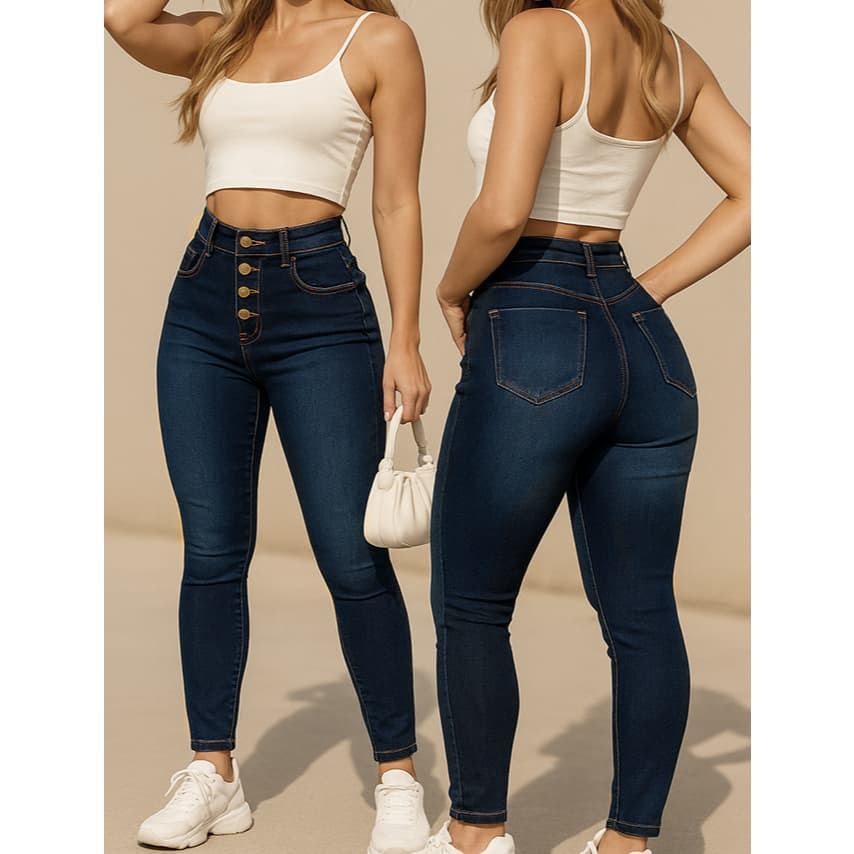 Calça Jeans Feminina Skinny fechamento em Botões Cintura Alta Levanta Bumbum com Lycra Elastano