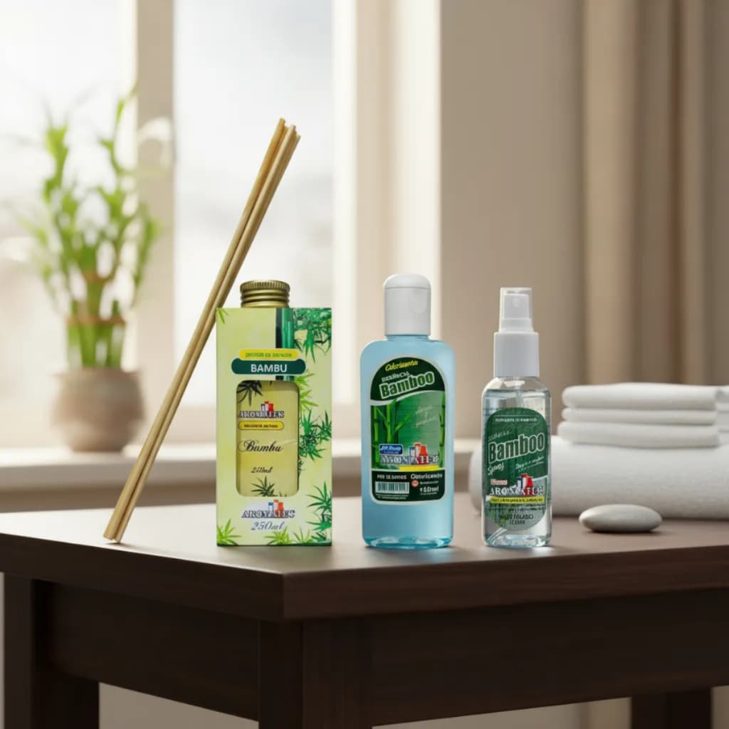 Kit Trio Aroma: Difusor de Varetas Spray Odorizante Essência Limpadora Ambiente Lavanda Bambu