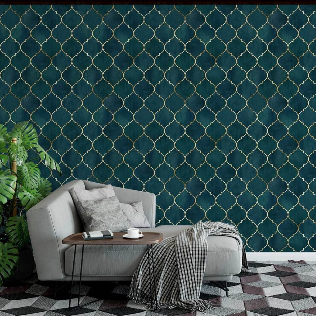 Papel de Parede Adesivo Decorativo Marrakesh Clássico Azul Petróleo com Dourado
