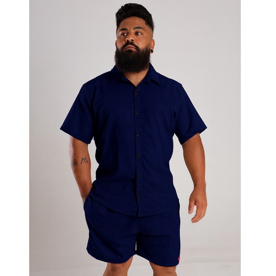 Conjunto Masculino Linho Camisa botão e Short Linho Elegance