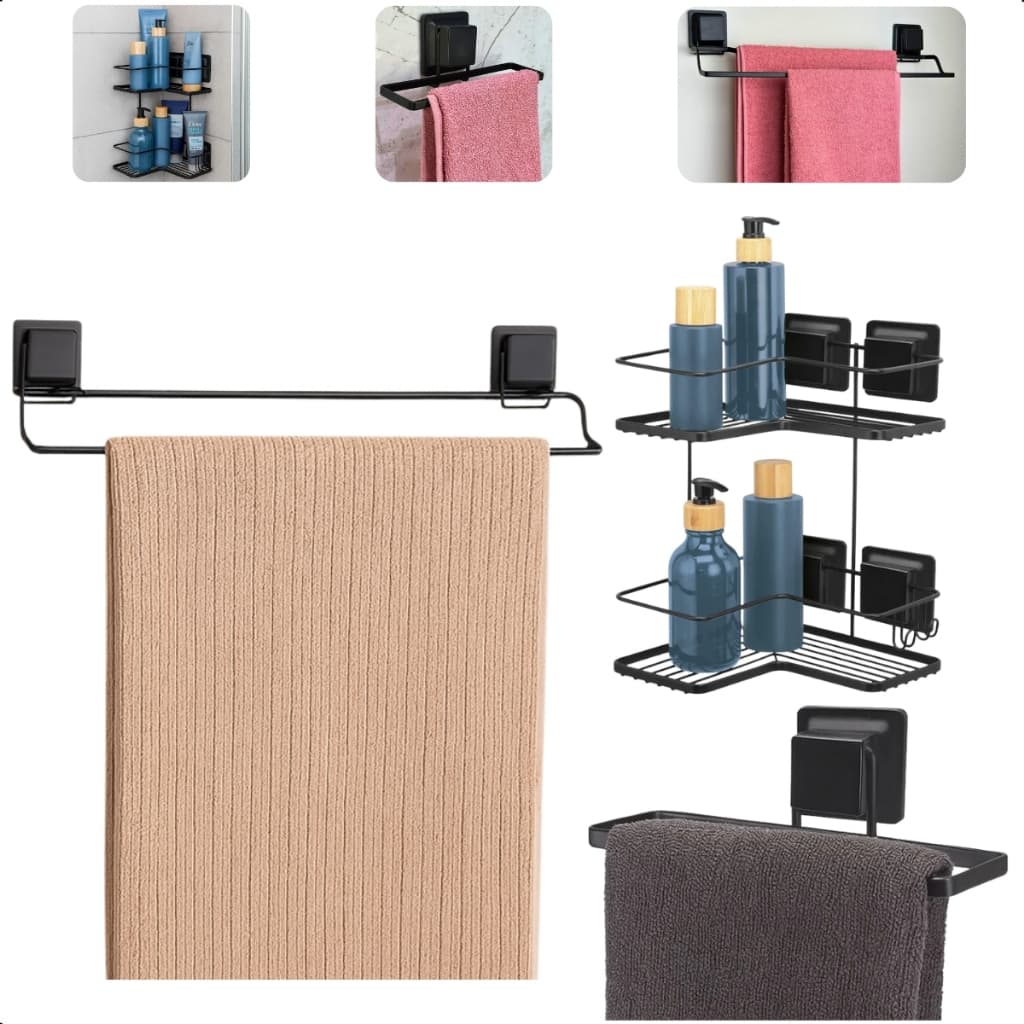 Kit Banheiro Lavabo Porta Shampoo + Porta Toalha De Banho Duplo + Porta Toalha De Rosto Preto Arthi