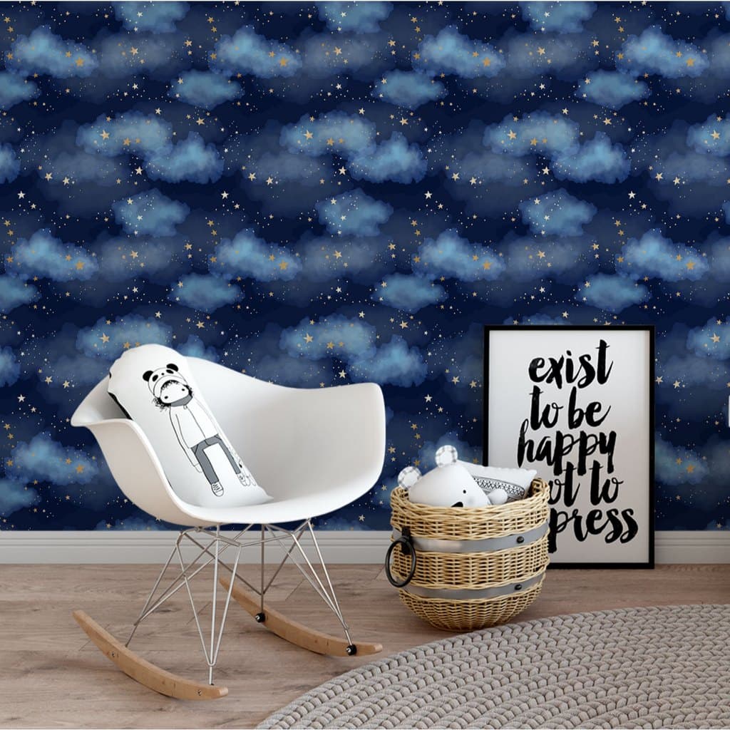 Papel de Parede Adesivo Decorativo Baby Infantil Céu Estrelado Azul Esuro