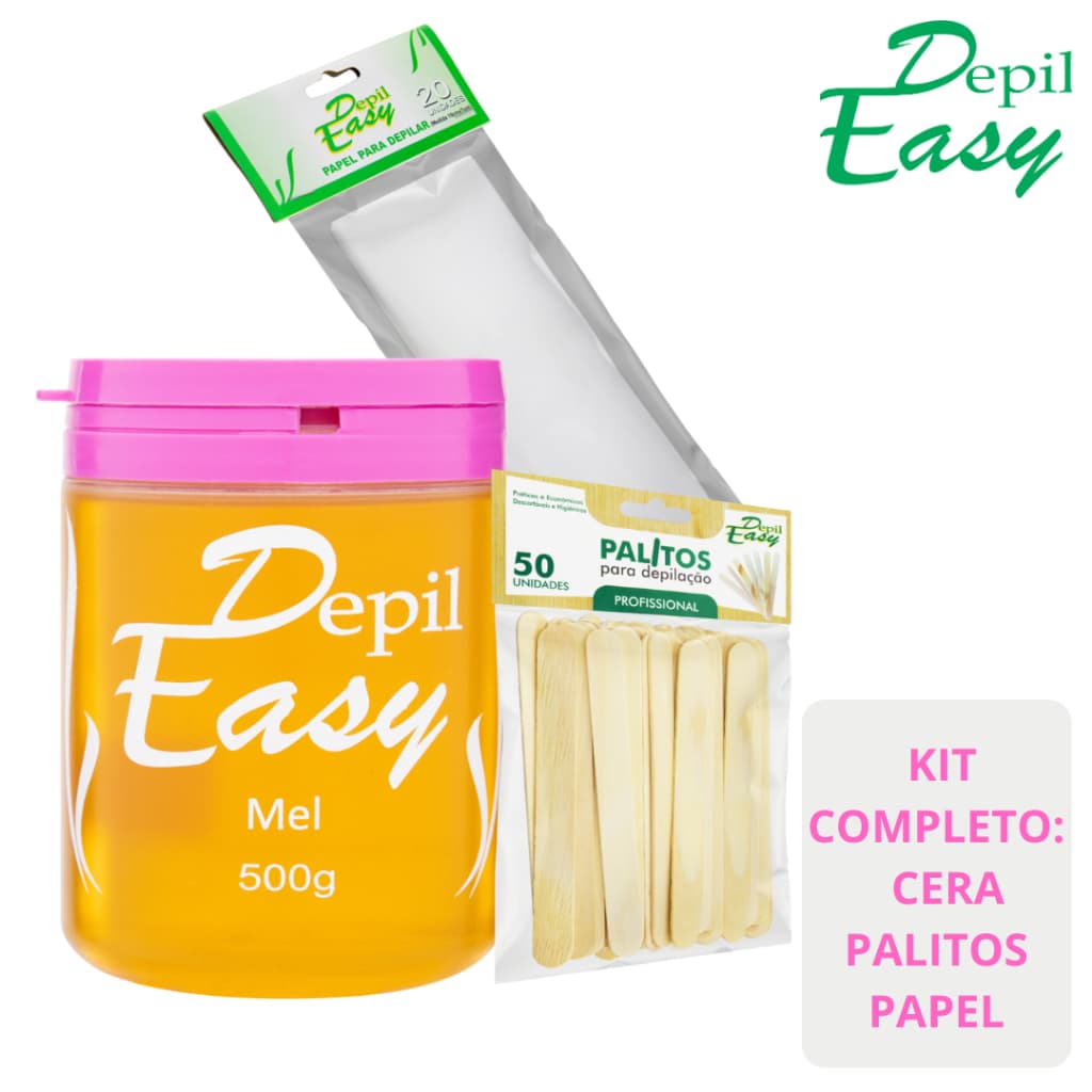 Kit Cera Depilatória 500gr + Palitos para depilação c/50 und + Papel Depilatório c/20 und