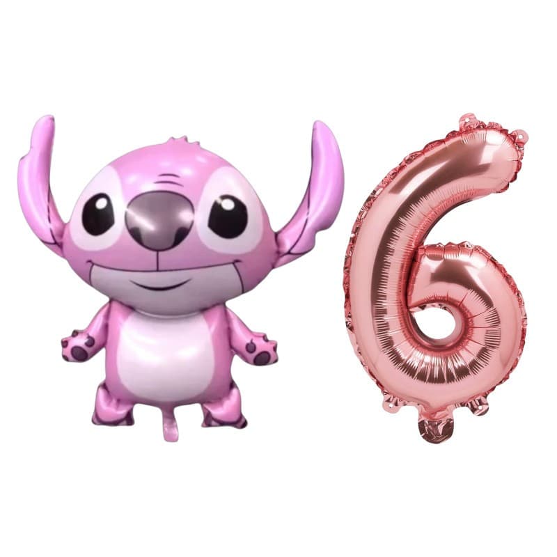 Kit 1 Balão Angel Metalizada Stitch Rosa + 1 OU 2 Números Rose Gold para Decoração Festa de Aniversário