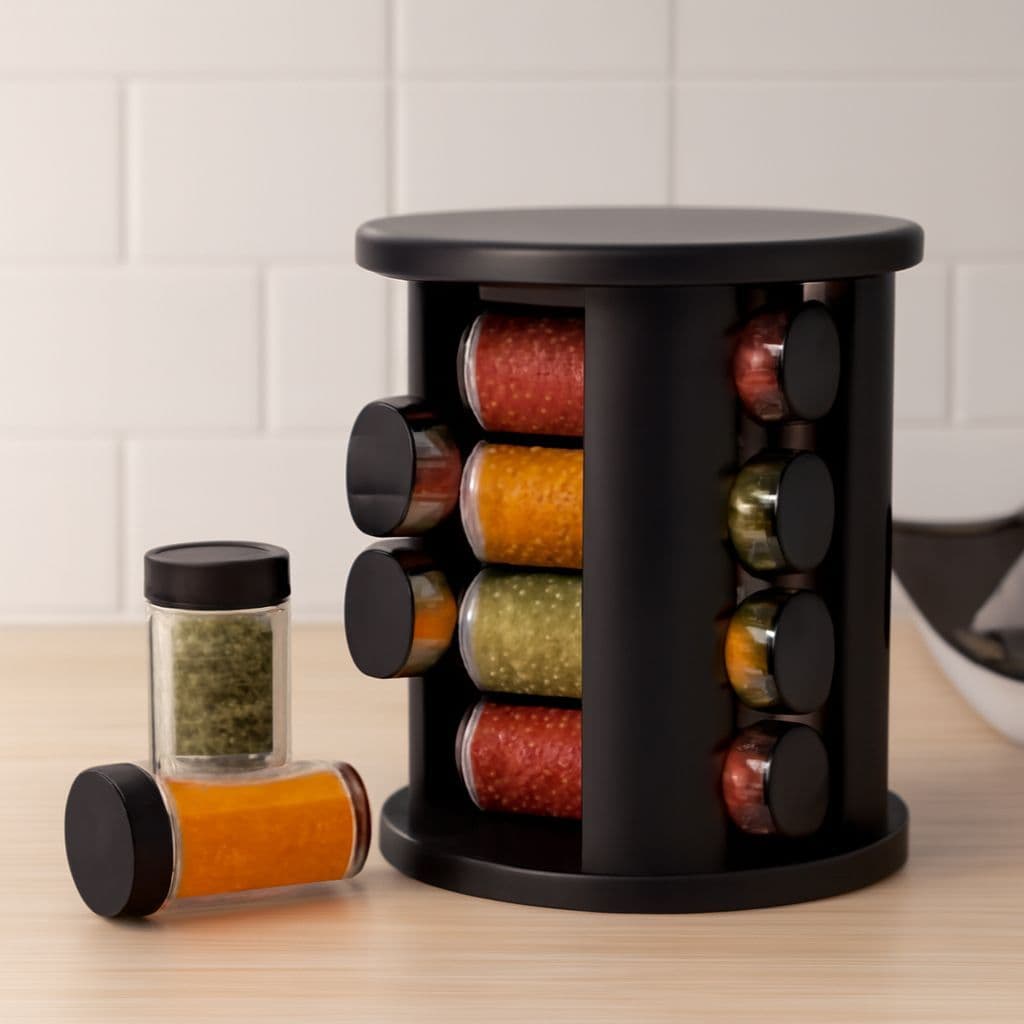 Porta Temperos E Condimentos Giratório Com 9 Potes De Vidro Cor Preto + Etiqueta