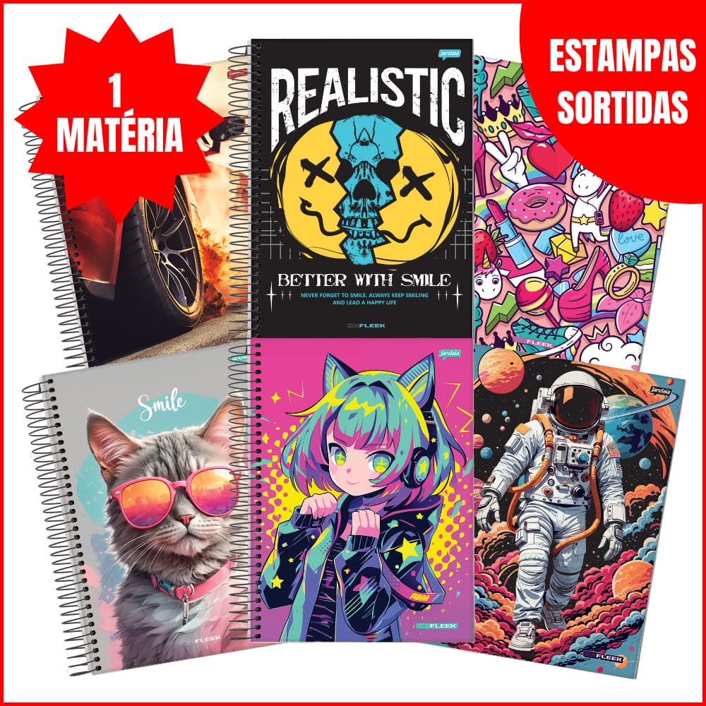 Caderno On Fleek 1 Matéria Jandaia 96 Folhas Capa Dura Grande Estampas Variadas