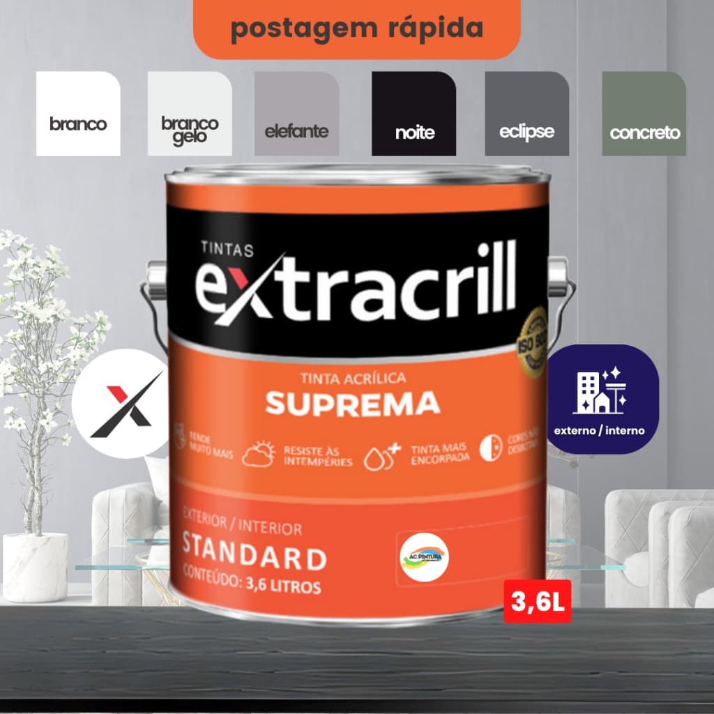 Tinta Extracrill Suprema Galão 3,6L Branco | Gelo | Elefante | Noite | Concreto | Eclipse