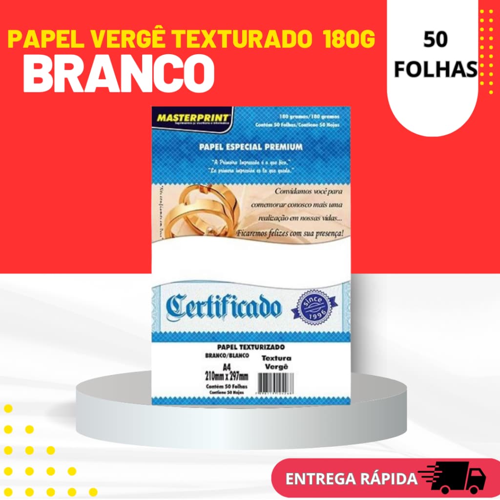 50 Folhas Papel Vergê 180g A4 Texturizado Branco Masterprint Premium para Impressora Jato Tinta ou Laser.