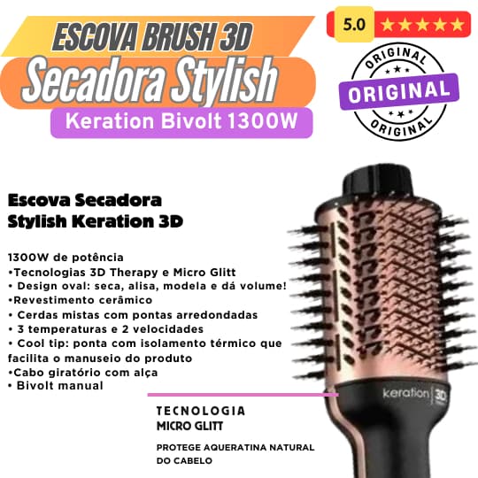 Escova Secadora GA.MA Stylish Keration Brush 3D Bivolt 1300W,  Seca, alisa e modela ao mesmo tempo