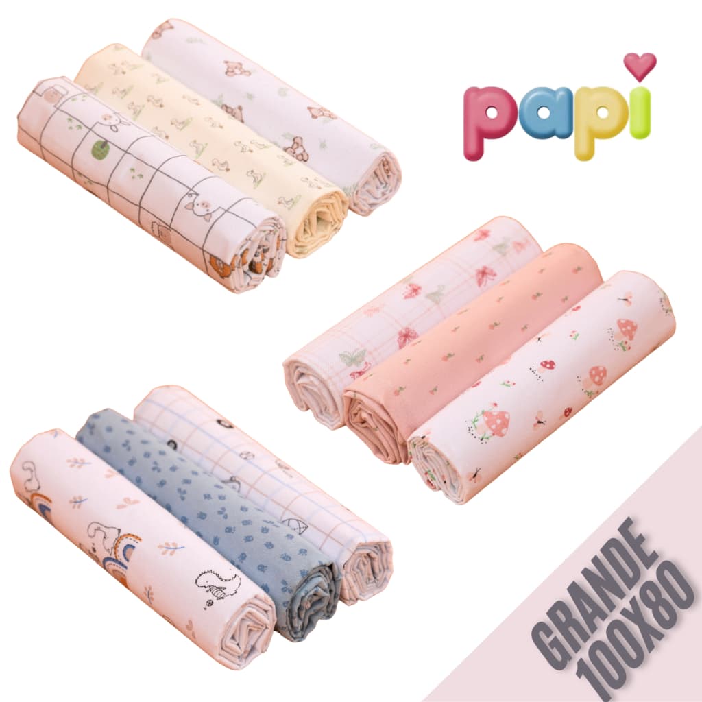 Kit 3 Cueiros Bebê Flanelado Papi 100% Algodão Grande 100x80cm Macio e Confortável