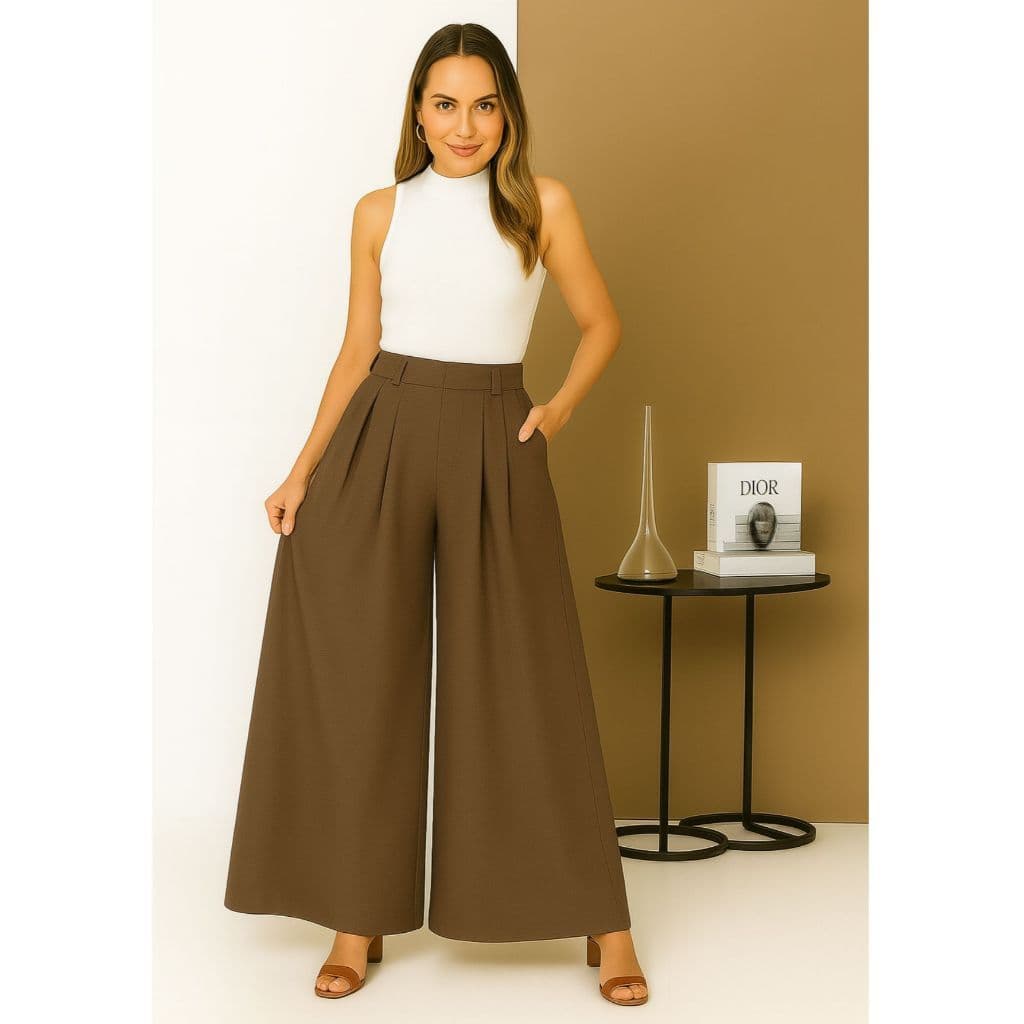 CALÇA FEMININA BARRA LARGA WID LEG CINTURA ALTA PANTALONA 3102