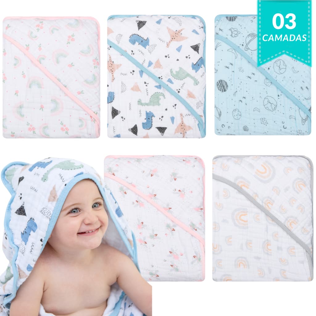 Toalha Fralda Grossa 3 Camadas Bebê Papi Soft 3 Camadas Com Capuz 80x80cm