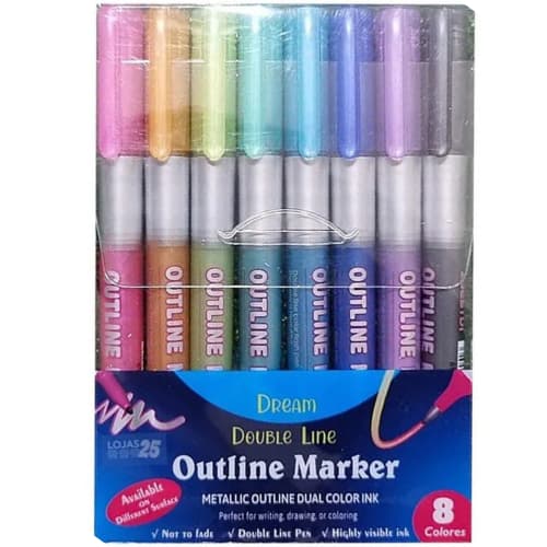 Estojo com 8 Canetinhas - Kit 1 - Kit 2 - Kit 3 - Contorno Metalizado Linha Dupla  8 Cores para colorir Bob Goodies