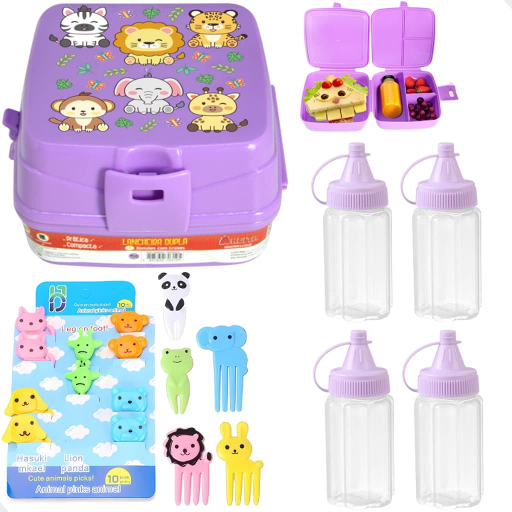 Kit Lancheira Escolar + 10 Garfinhos e 4 Mini Bisnagas Porta Lanche