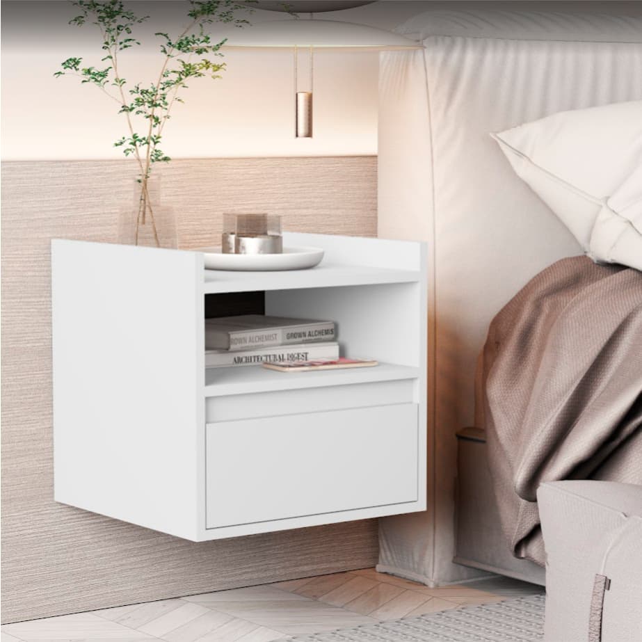Mesa de Cabeceira Suspensa Para Quarto Estilo Retro 1 Gaveta e Nicho Minerva Várias Cores