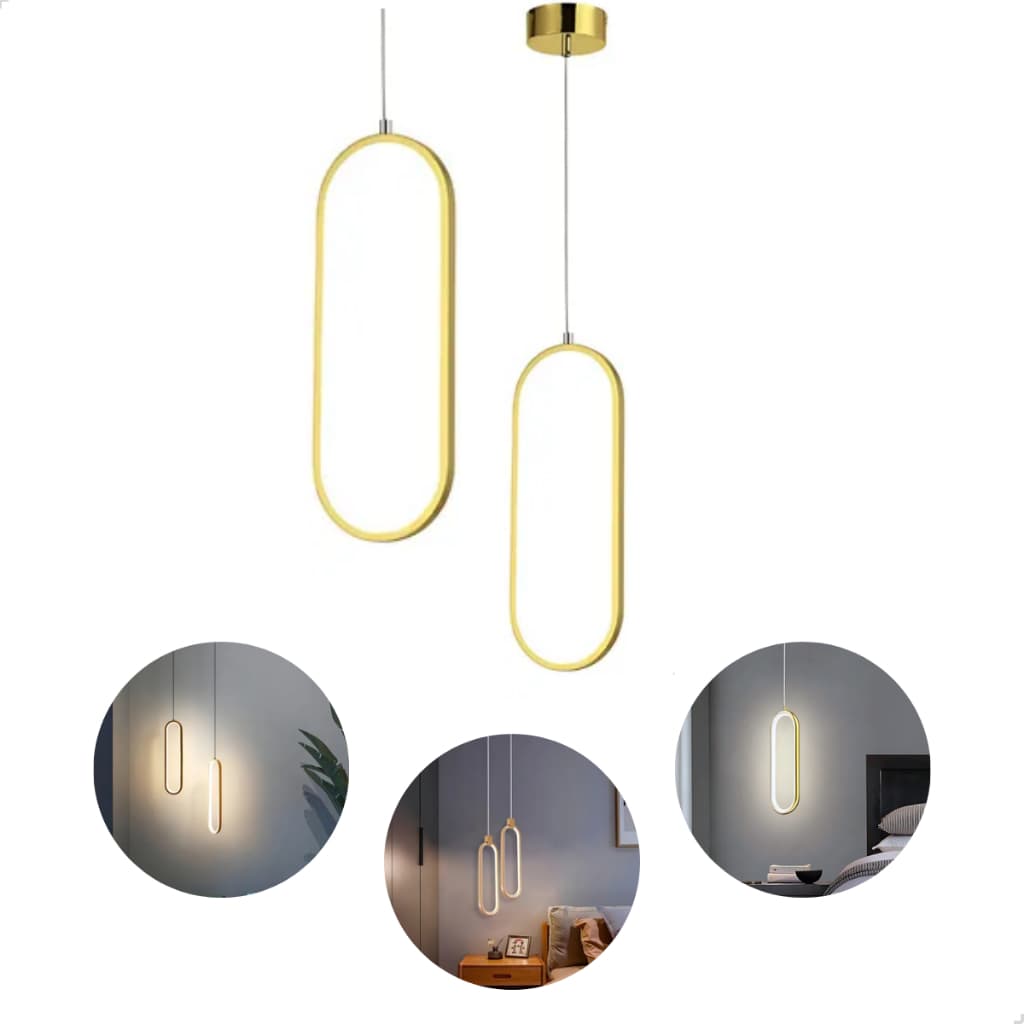 Luminária Teto Lustre Pendente Led Oval 15w Dourado Branco Quente 3000K Bivolt 110v/220v - Emporio G
