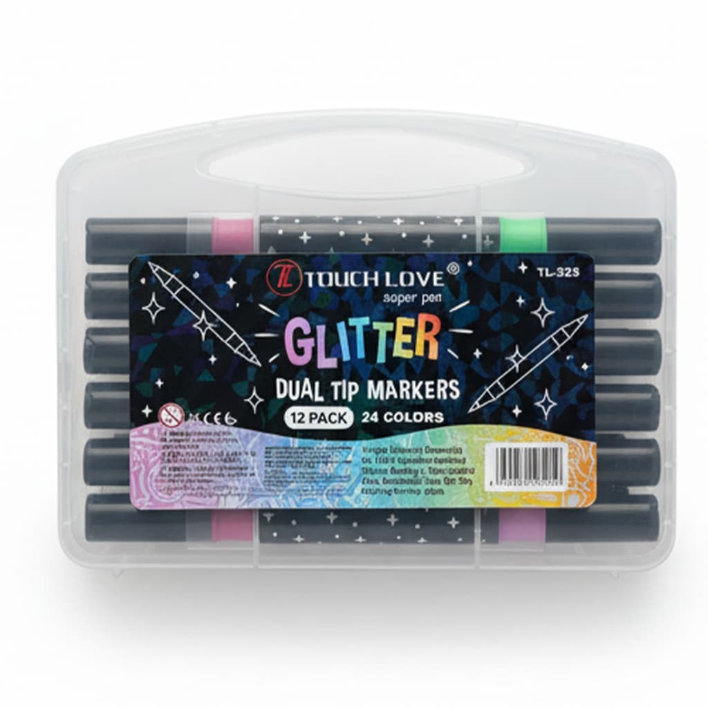 Kit 12 Canetas Glitter Ponta Dupla 24 Cores Neon e Metálicas Marcadores Artísticos Acrílicos
