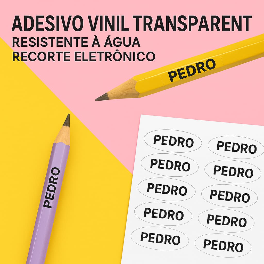 125 Etiquetas Adesivas Personalizadas para Lápis e Cadernos – Vinil Transparente Resistente à Água