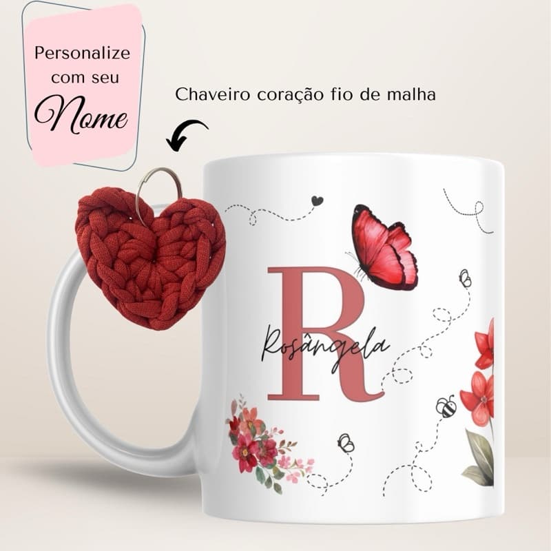 Kit Caneca Nome Personalizada + Chaveiro coração em fio de malha + caixa presente - Amiga / Mãe