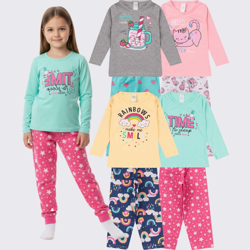 Kit 8 Peças 4 Conjuntos Pijamas Infantil Menina Inverno Promoção Frio Feminino