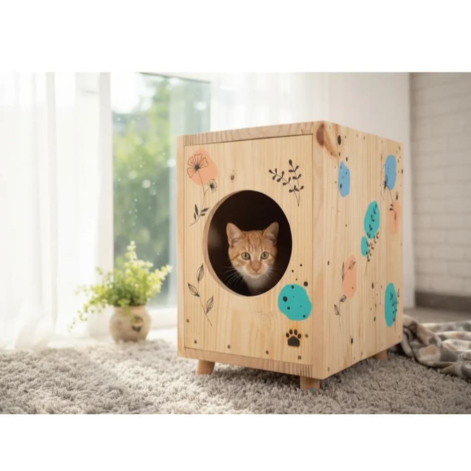 CASA TOCA EM MADEIRA PARA GATO COM PINTURA ORGÂNICA