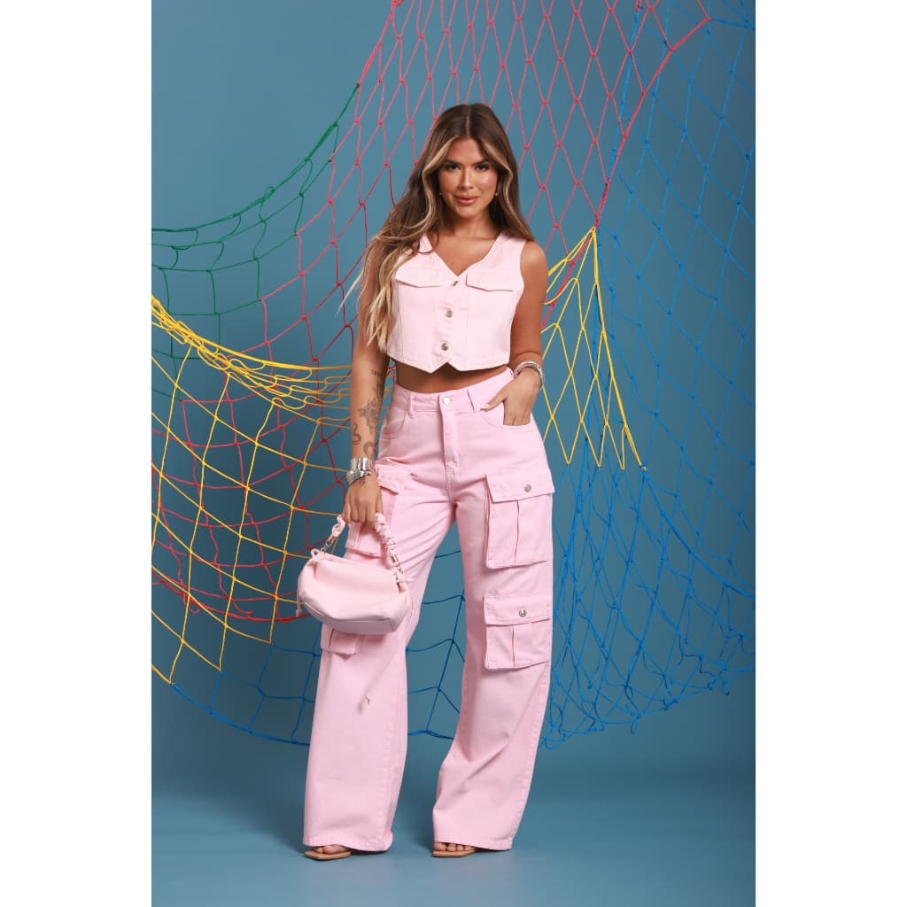 Colete Tampas Copacabana Color Rosa Ice Cream Cropped Feminino com botoes candy color rosa bebe glitter jeans tendencia