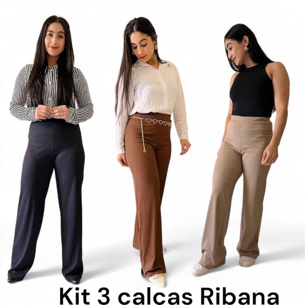 kit 3 Calças Flare Bailarina Social Canelada Cintura Alta Premium Ribana