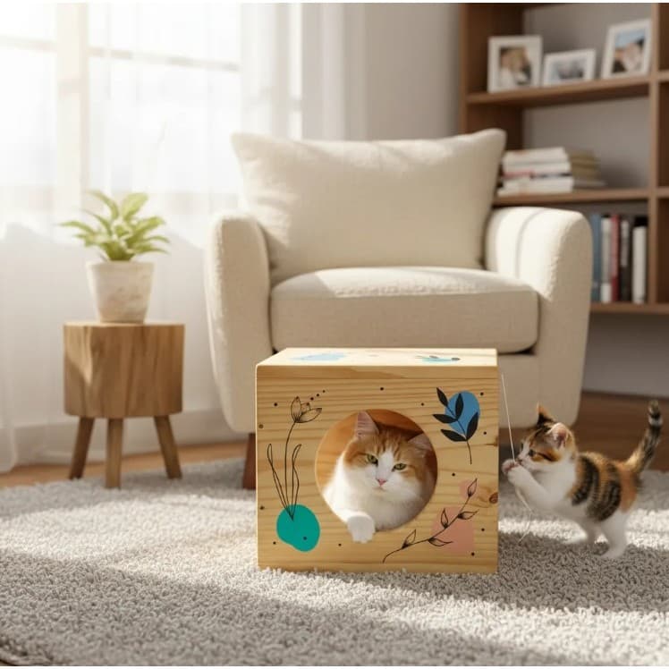 Casa Nicho Toca Em Madeira para Playground de Gato Com Pintura Orgânica