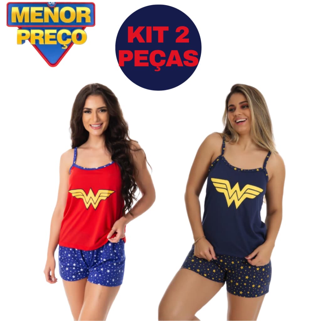 KIT 2 Pijamas Feminino Curto Baby Doll Virginia Estampado Personagens Adulto Alça Fina Barato