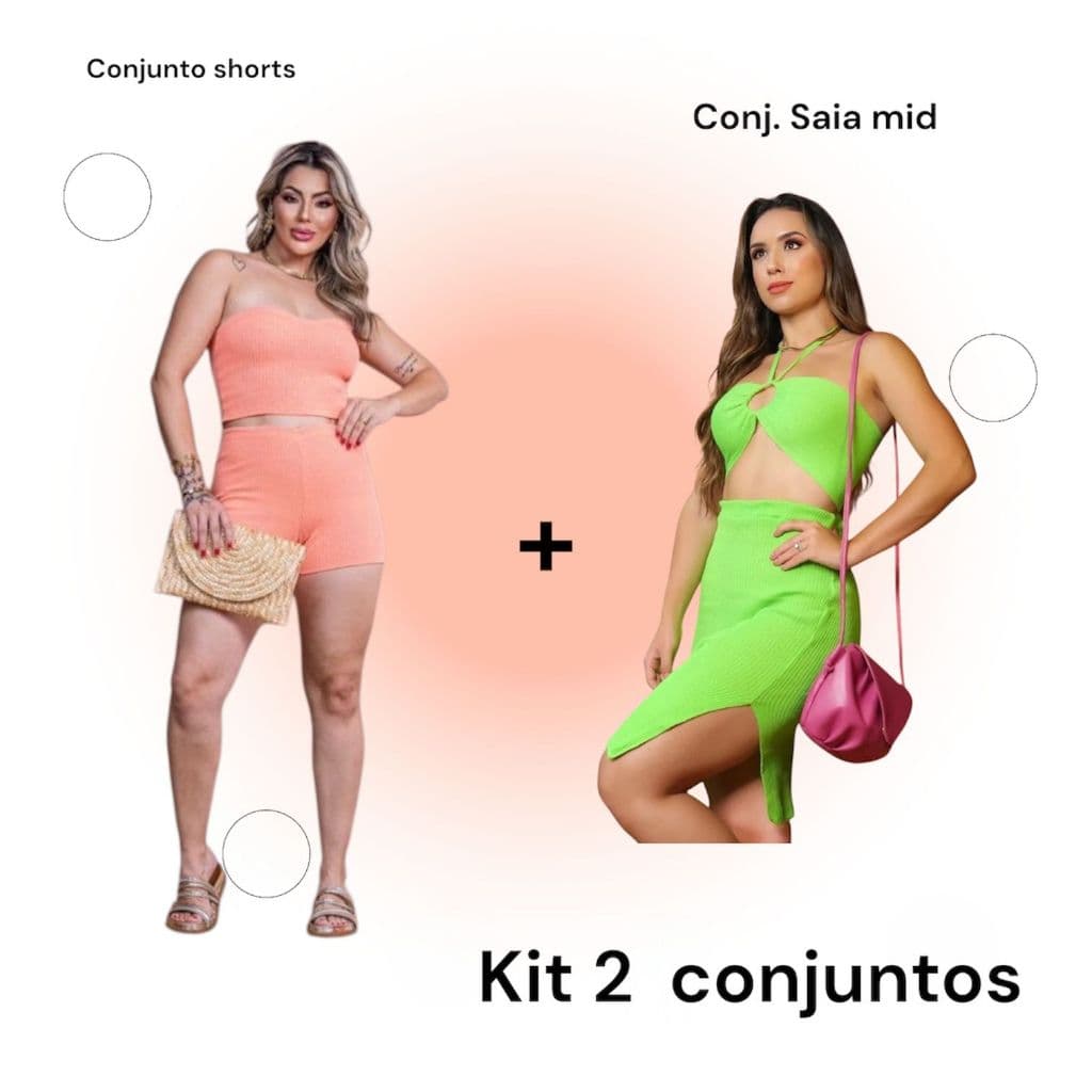 kit 2 Conjunto Feminino Top e Short tomara que caia +Conjunto Top de Amarrar e Saia Mídi Tricô