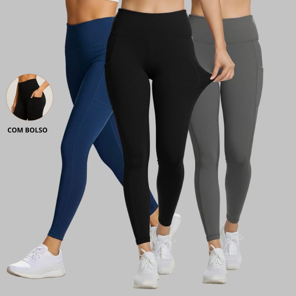 Kit 3 Calça Legging Feminina Cintura Alta Modeladora com Bolso para Celular