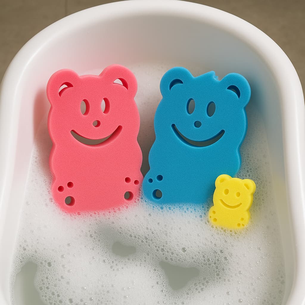 Kit Esponja Almofada Antiderrapante de Banheira para Bebê Ursinho Feliz