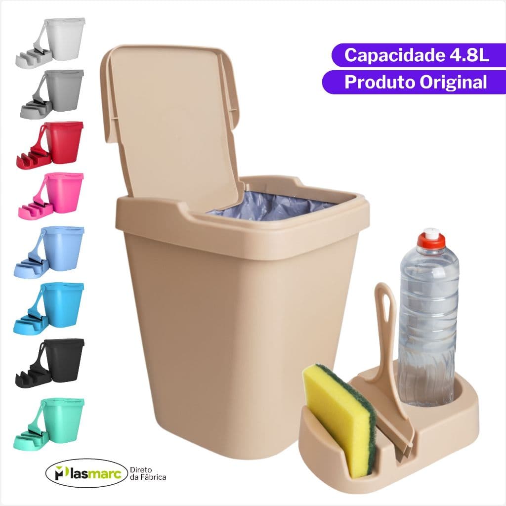 Kit Pia Com Lixeira 4,8L Rodinho e Porta Detergente Color Para Cozinha Area Gourmet