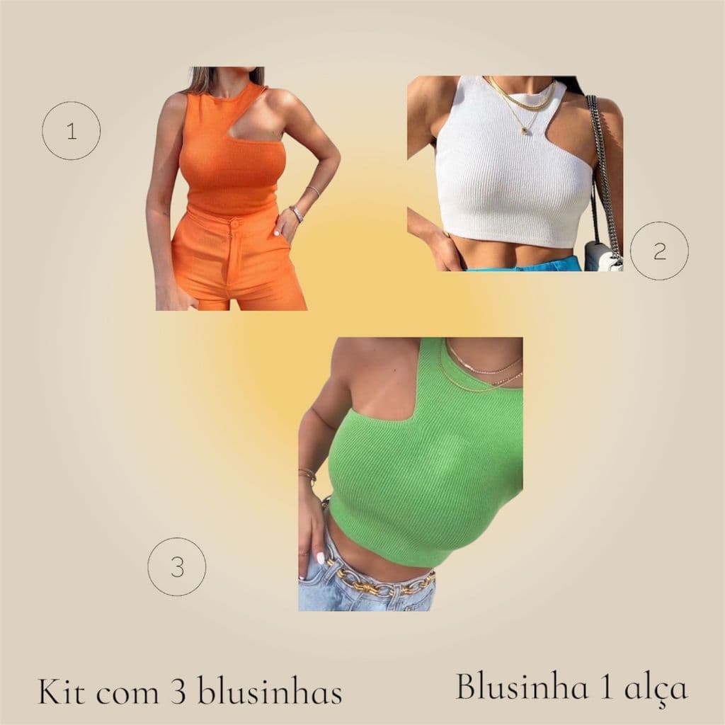 kit 3 Regata Casual Lisa Mula Manca Cropped de Um Ombro Só