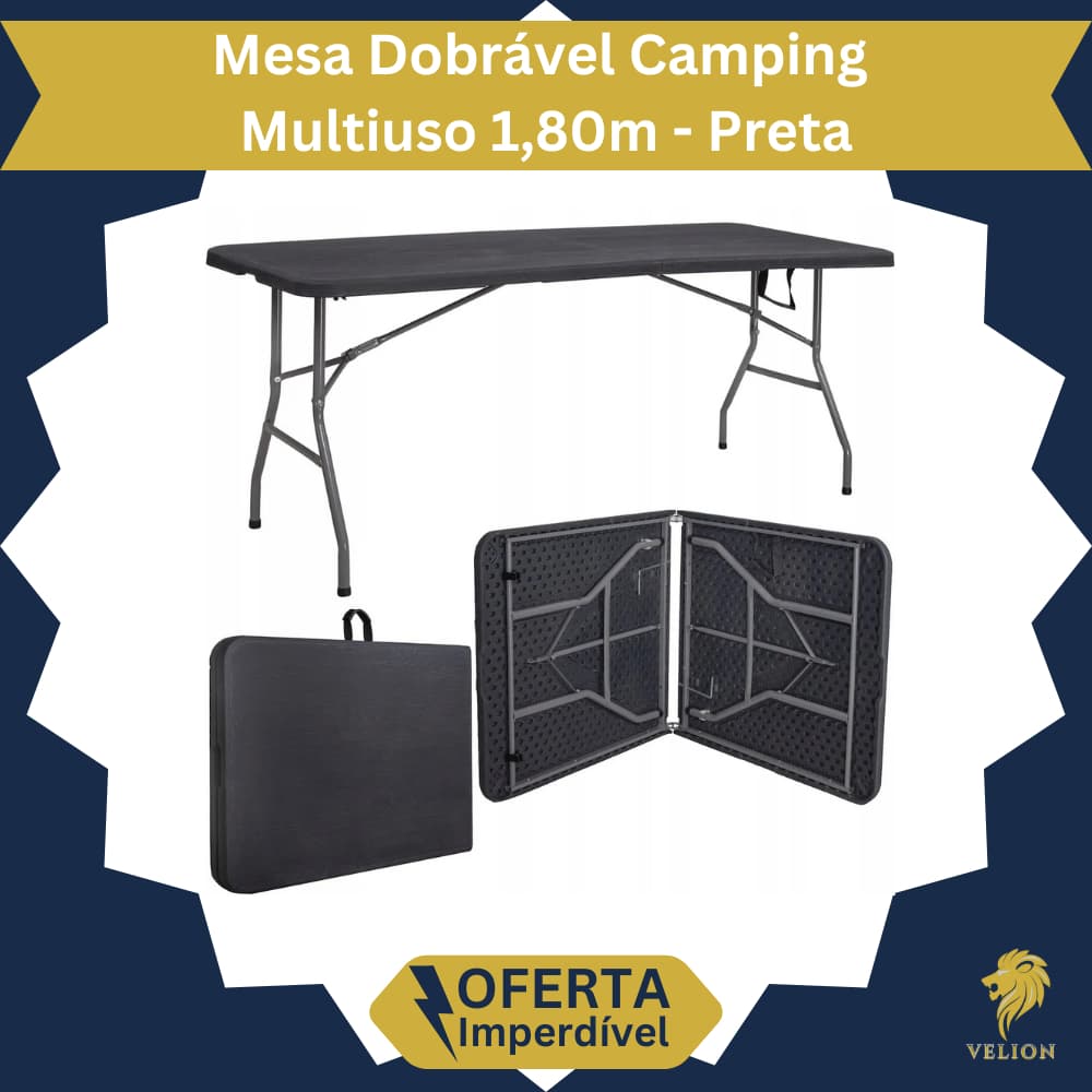 Mesa 180cm Dobrável Camping Portátil Alumínio Acampamento Vira Maleta - Preta