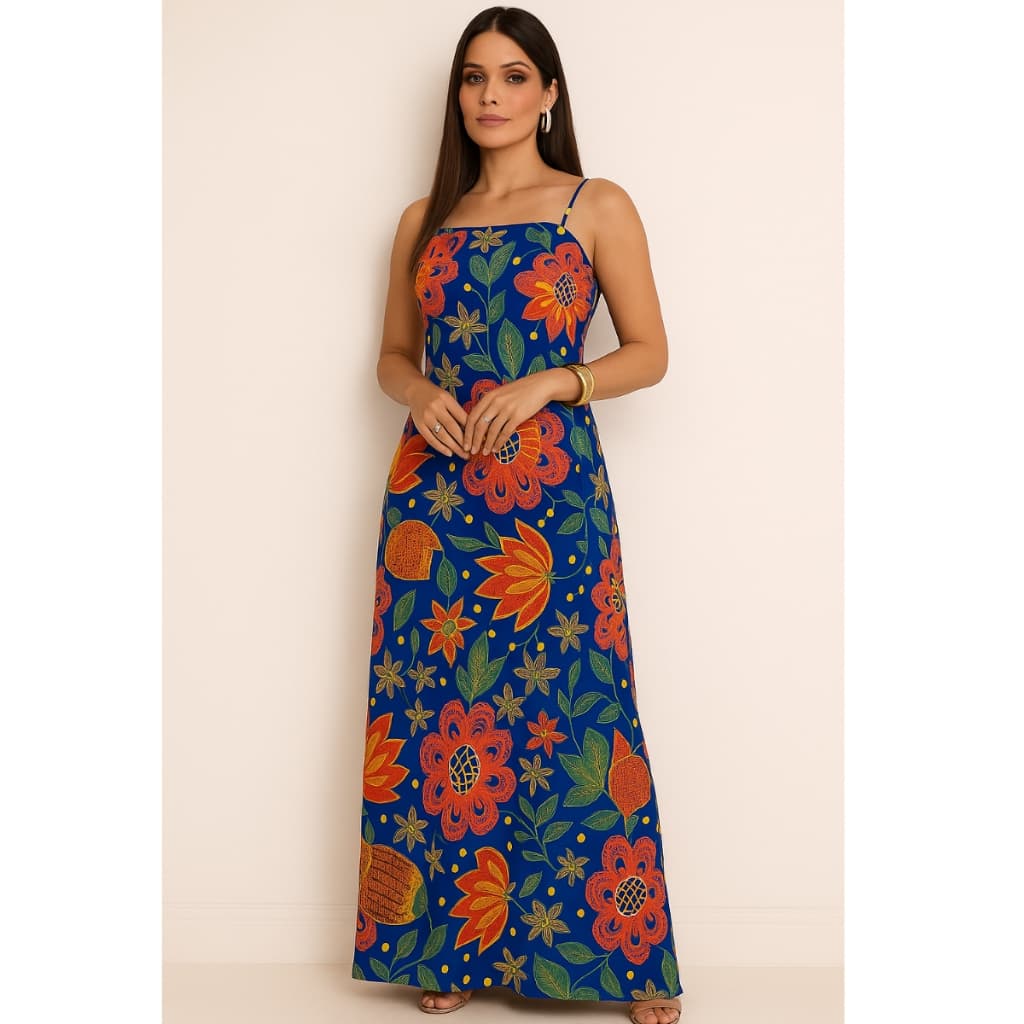 Vestido Feminino Longo Floral Decote Reto Alcinha Ajustável Viscose Elegante Verão Lastex nas Costas
