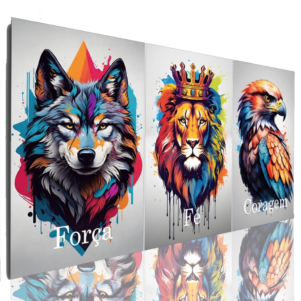 Quadro Decorativo Leões Coloridos Mosaico Sala Grande Força Fé e Coragem 120 X 60 Cm