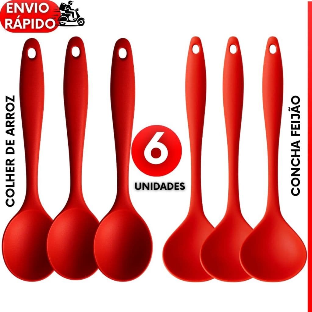 Kit 6, 4 ou 2 un Concha para Feijão e Colher de Arroz Silicone Vermelho Premium Utensílio Cozinha Restaurante Buffet