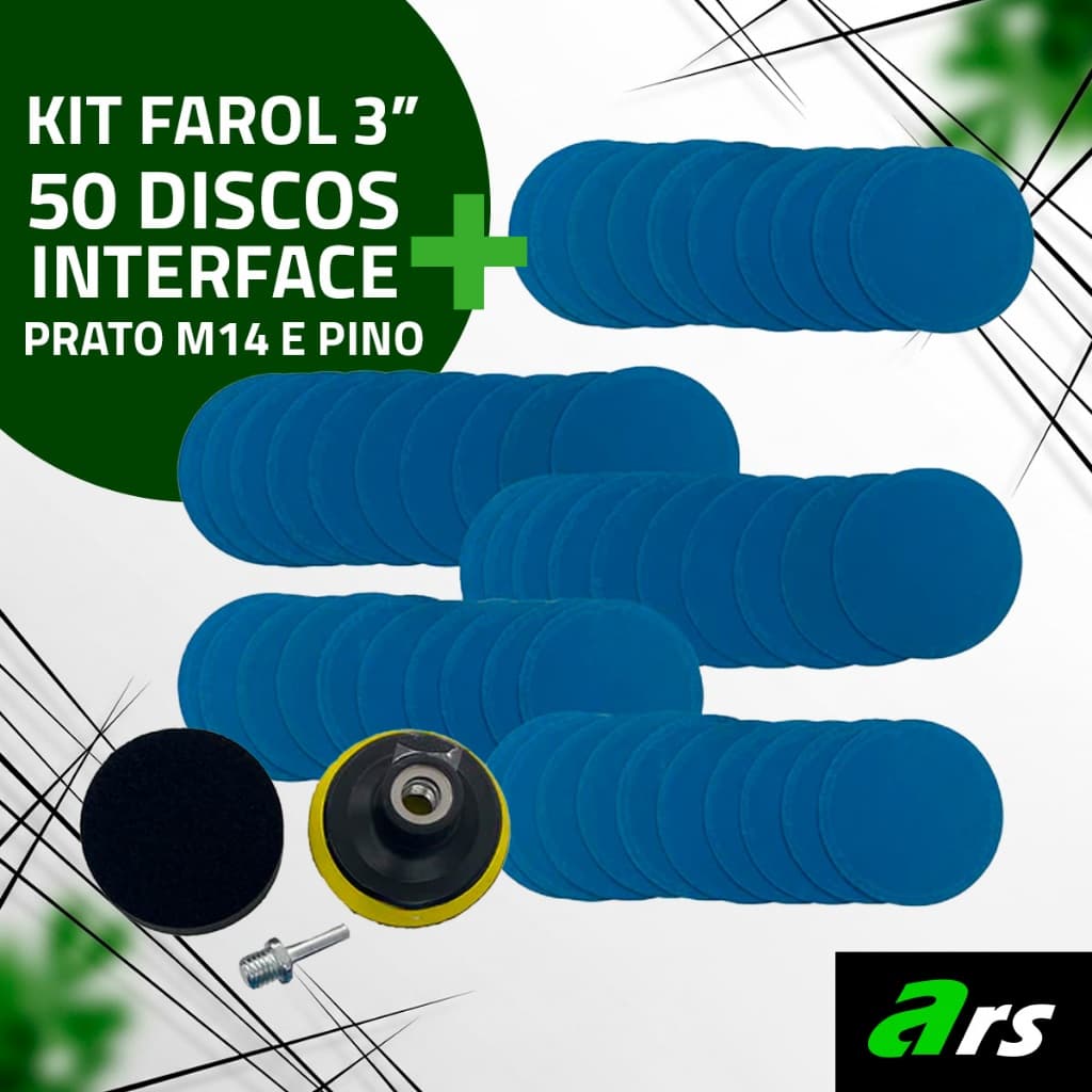 Kit 50 Pçs Lixas Disco 75mm 3 pol. Com interface, Prato M14 e Pino Furadeira 80-2.000 - Kit Lixa Velcro Reparo Farol