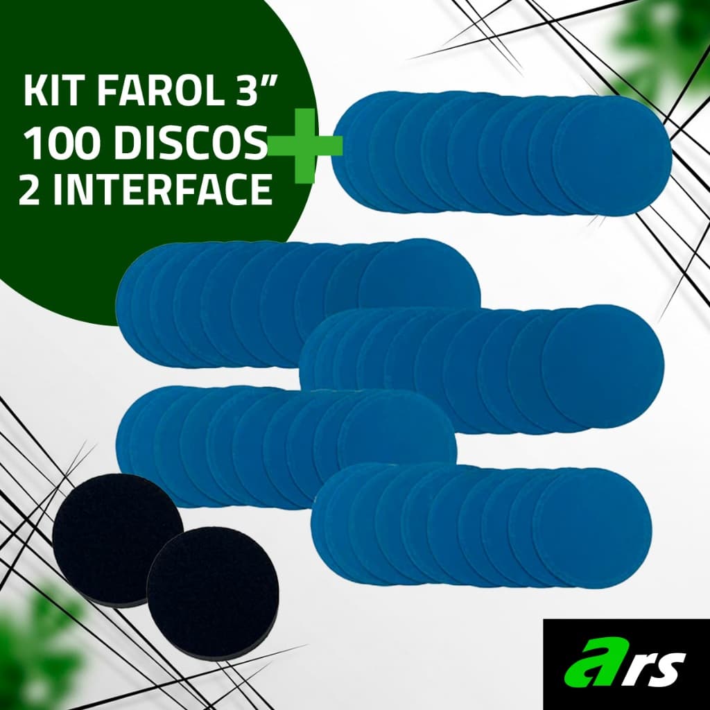 Kit 100 Pçs Lixas Disco 75mm 3 pol. Com 2 interface Polir Farol 80-2.000 - Kit Discos de Lixa Velcro Reparo Farol