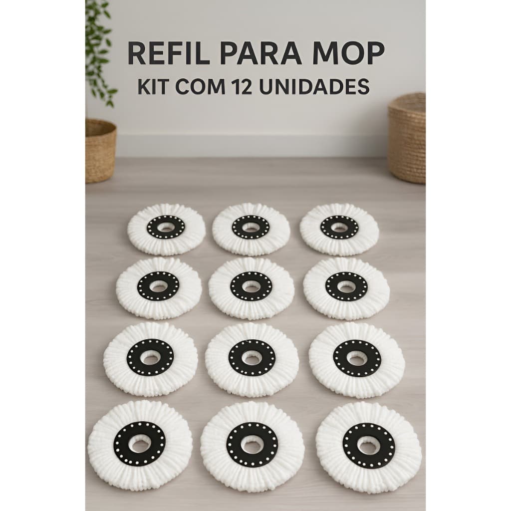 Kit 12 Refil Mop Limpeza 360 Balde Com Esfregão Giratório