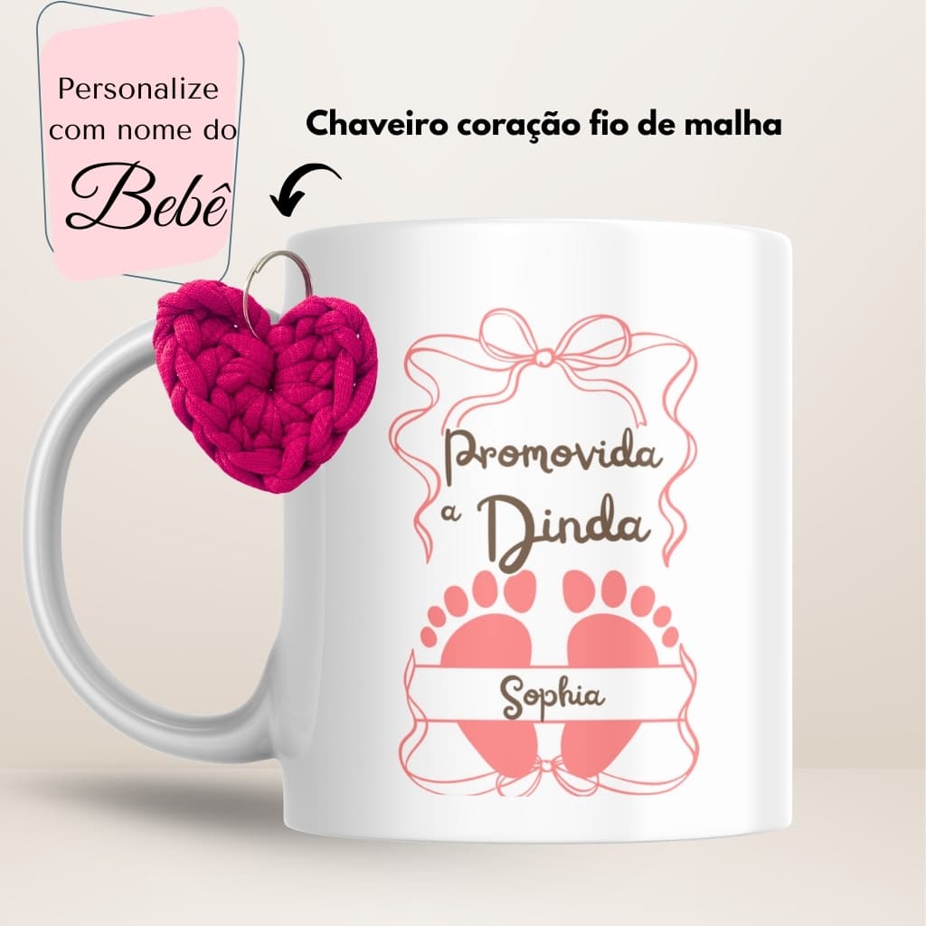 kit presente Dinda - Caneca "Promovida a Dinda" + Chaveiro coração + caixa presente dinda e dindo
