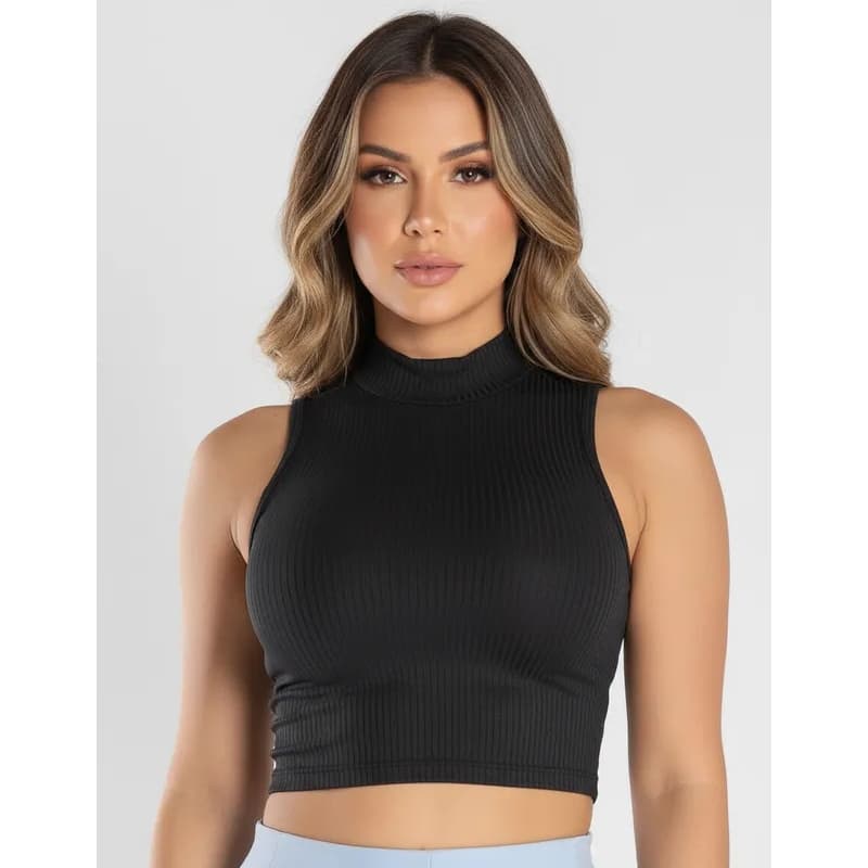 Cropped Feminino Canelado Gola Alta Regata Sem Manga Verão Casual