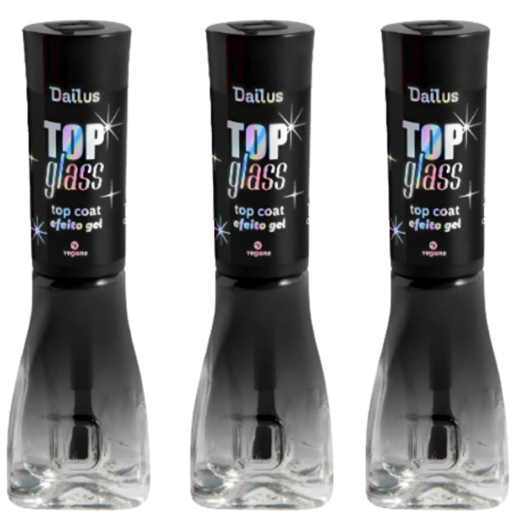 Kit Dailus Top Coat Efeito Gel - Top Glass 8ml Secagem Sem Cabine C/3 Esmaltes