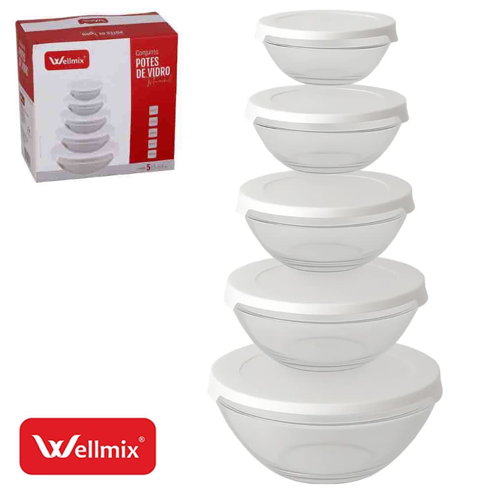 CONJUNTO DE POTE DE VIDRO REDONDO COM TAMPA DE PLASTICO BRANCO ISTAMBUL 5 PECAS 1000/550/400/200/135ML Código 4184608