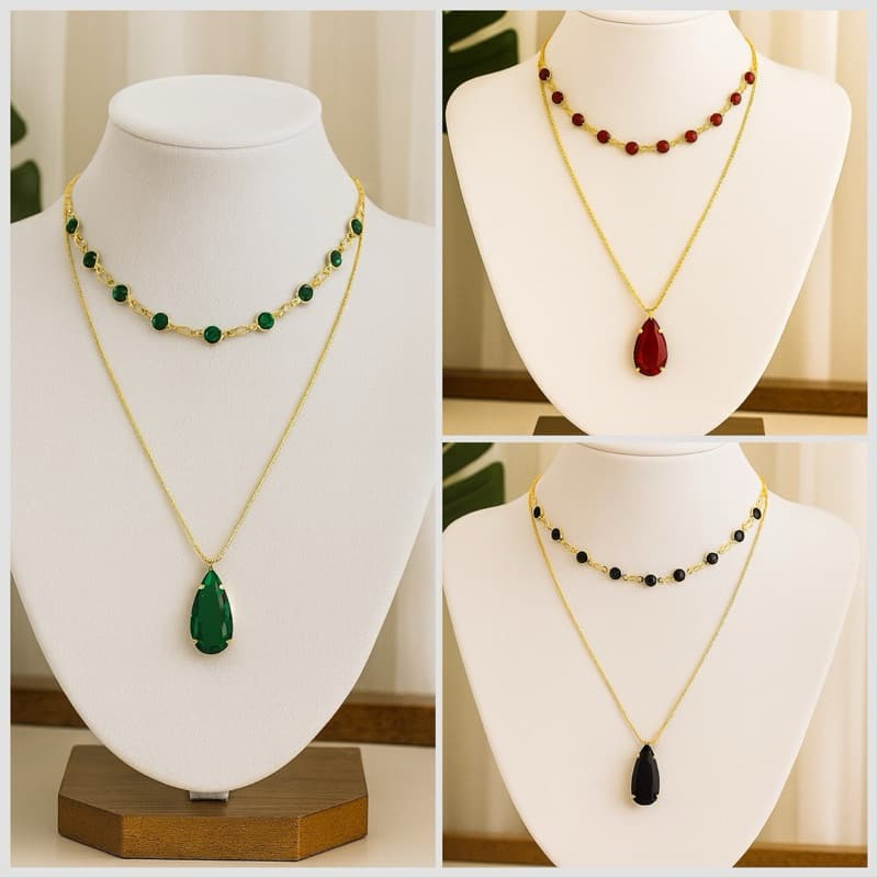 Colar Duplo pedrarias Dourado Gota diversas cores Corrente acessório feminino