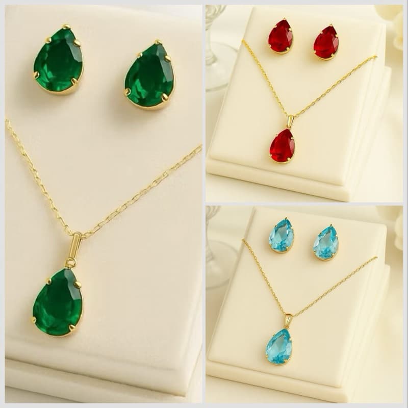 Kit de Brinco e Colar Gota Folheado a Ouro Semijoias Femininas Presente Delicado e Sofisticado