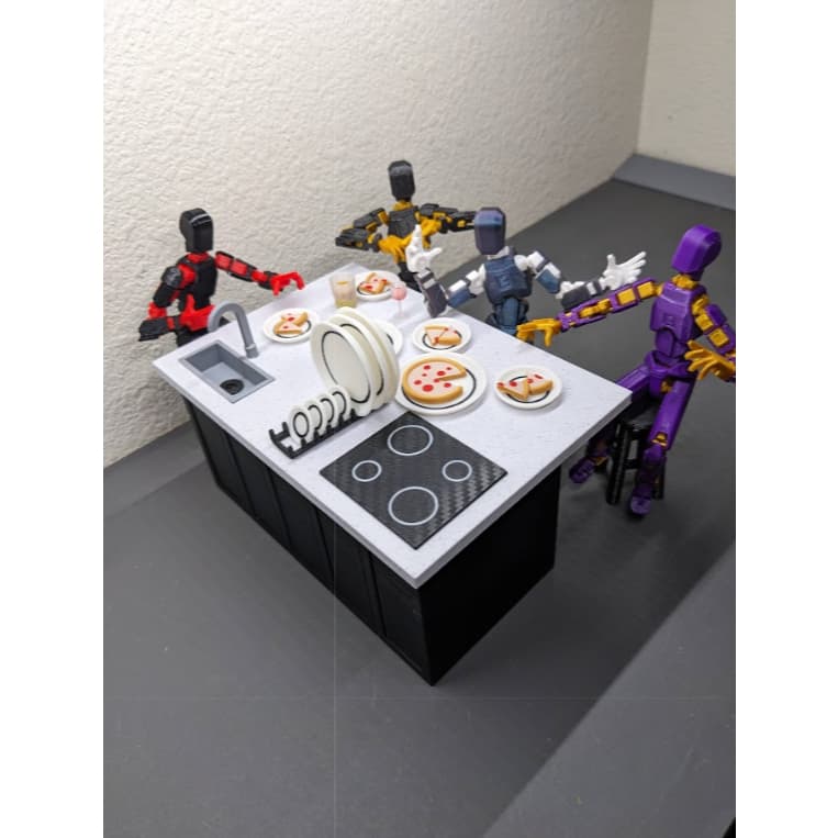 Muggora Kit Ilha de Cozinha para Dummy 13 Mesa Jantar, Pia C/ Torneira e Cooktop + 7 Pratos + 4 Pizzas + 4 Bancos