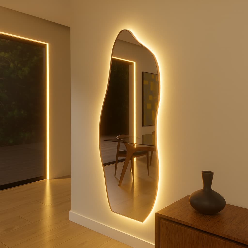 Espelho Flame Led Com Moldura Couro 170cm Quarto Sala Salão Luxo Bivolt