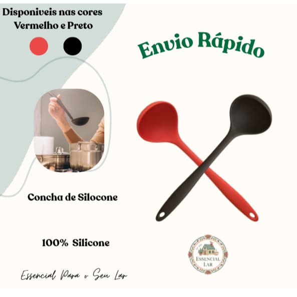 Concha de Silicone Antiaderente Não Risca Panela Utensílio Cozinha Fácil Limpeza Preto Vermelho 28.5cm Durável